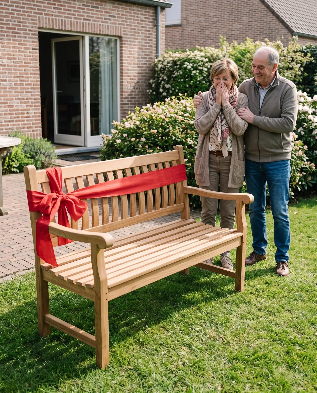 Een teakbank met een grote strik, als cadeau in de tuin